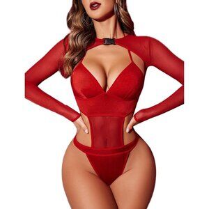Women Red 1 Festival Sexy Lingerie Bodysuit Buckle Shrug Crop Top Set Outfits
